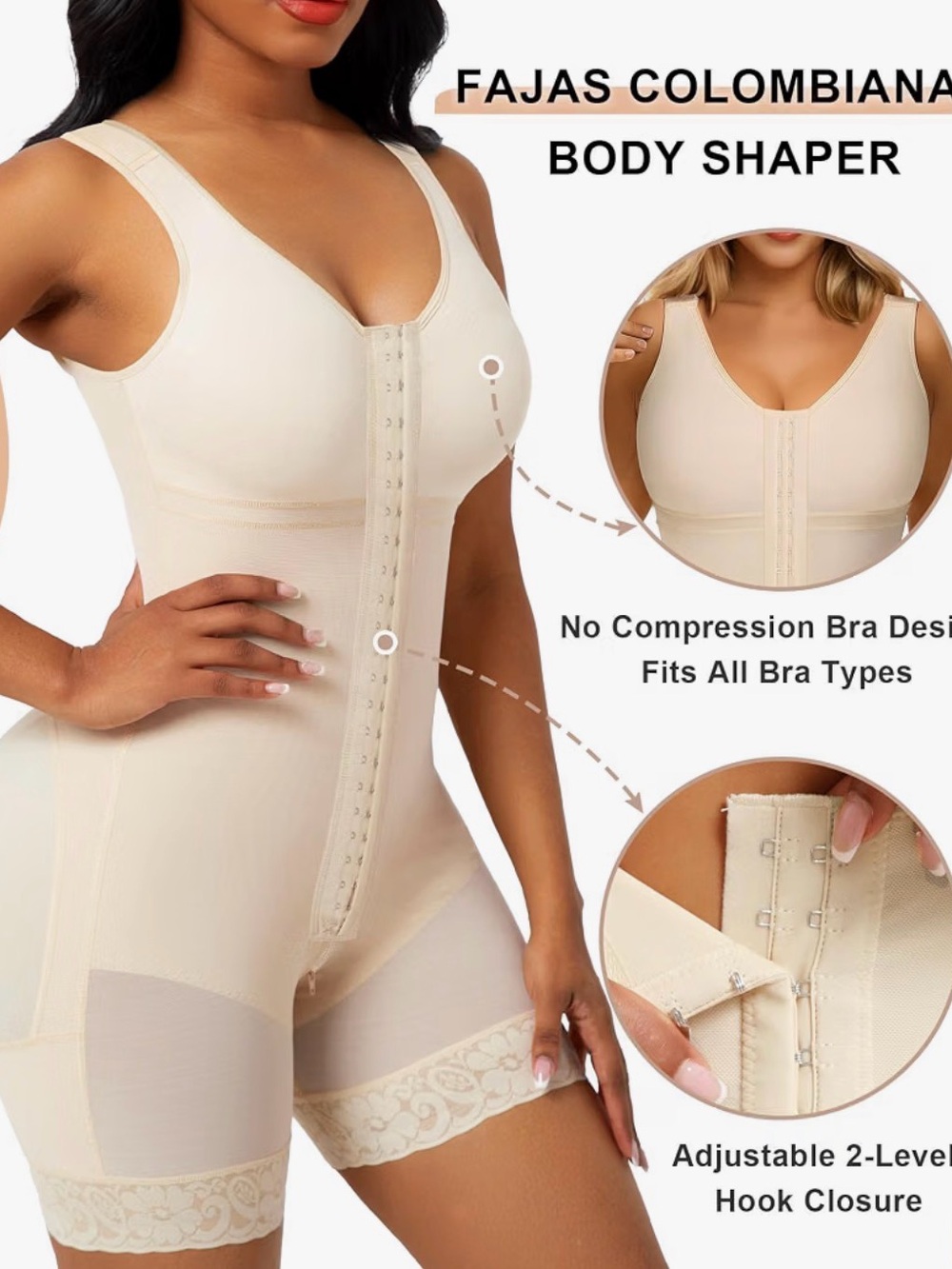 Seamless Beige Full-Body Shapewear Bodysuit with Front Hook Closure - Picture 3 of 9